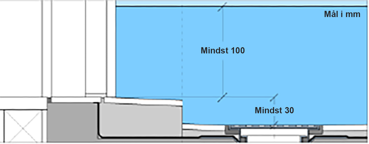 Overgang fra badeværelse til tilstødende rum med niveaufri adgang og veldefineret fald fx 1% mod gulvafløb.